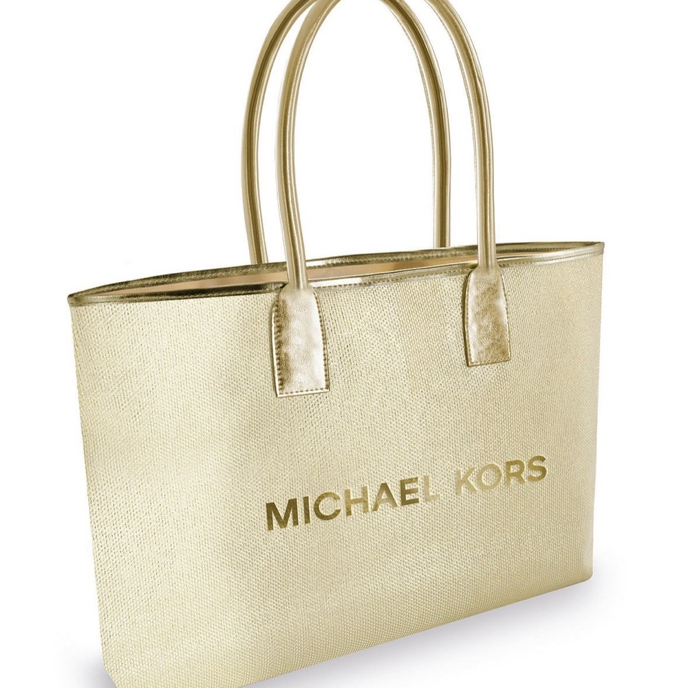 Michael Kors beauty fragrances purse tote gold beige canvas new weekender bag